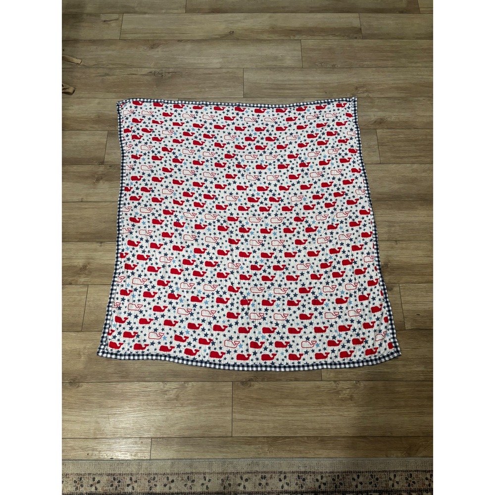 Vineyard Vines Target Baby Blanket Red Whale Blue Stars Gingham Trim Muslin